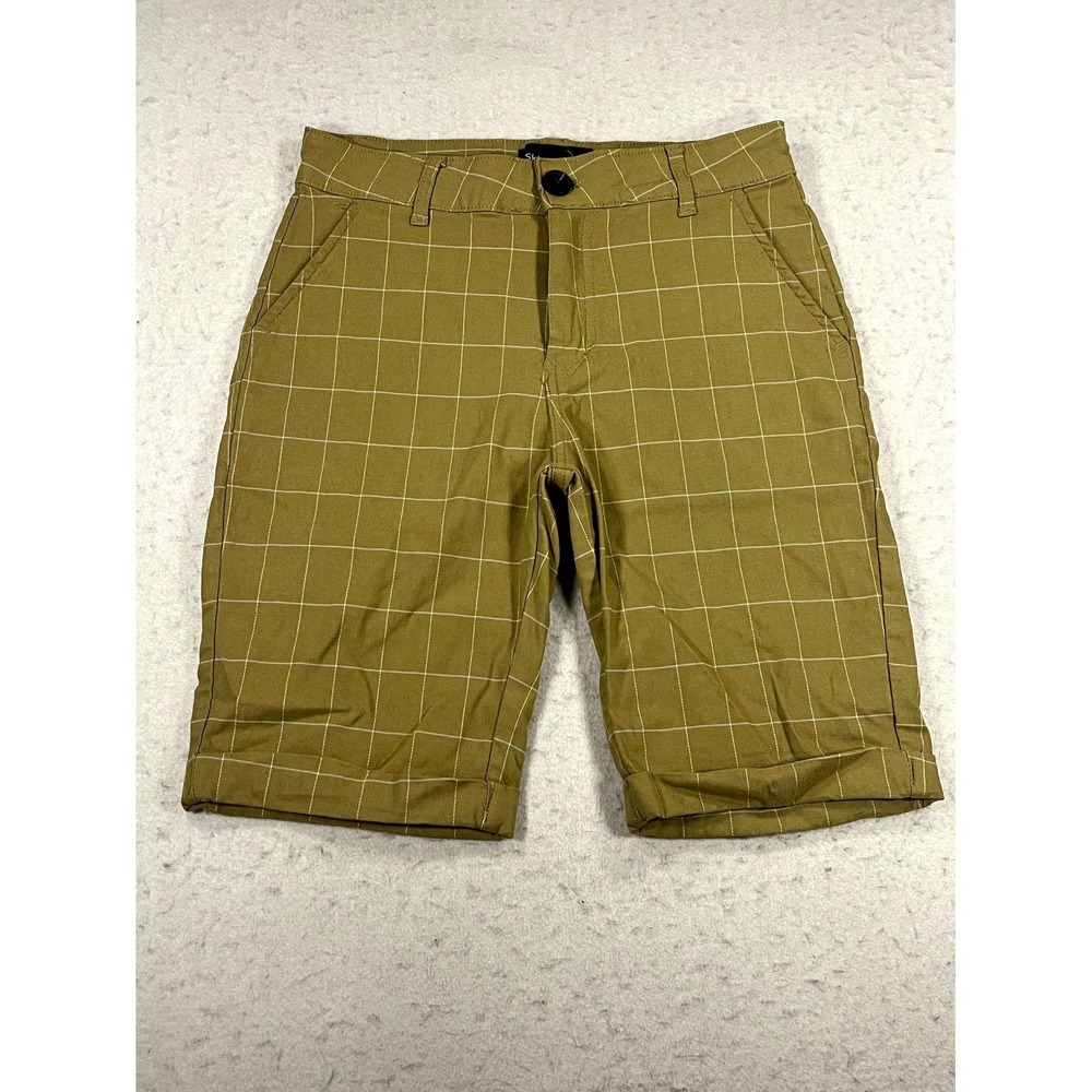 Skinny Fit Chino Shorts Mens 30 Tan Windowpane Plaid Stretch‎ Low Rise Casual